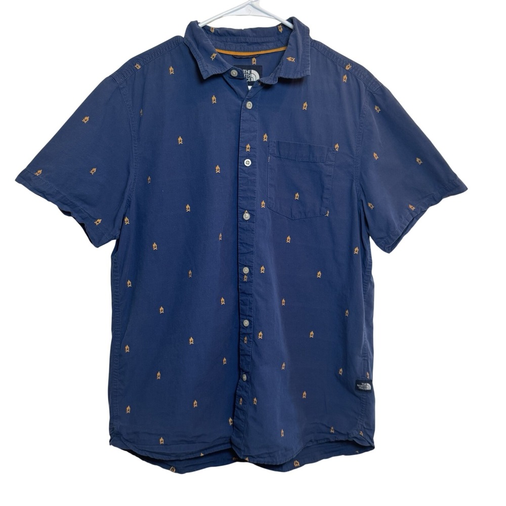 The North Face Mens Large Navy Blue Campfire Embroidered ShortSleeve Button Down